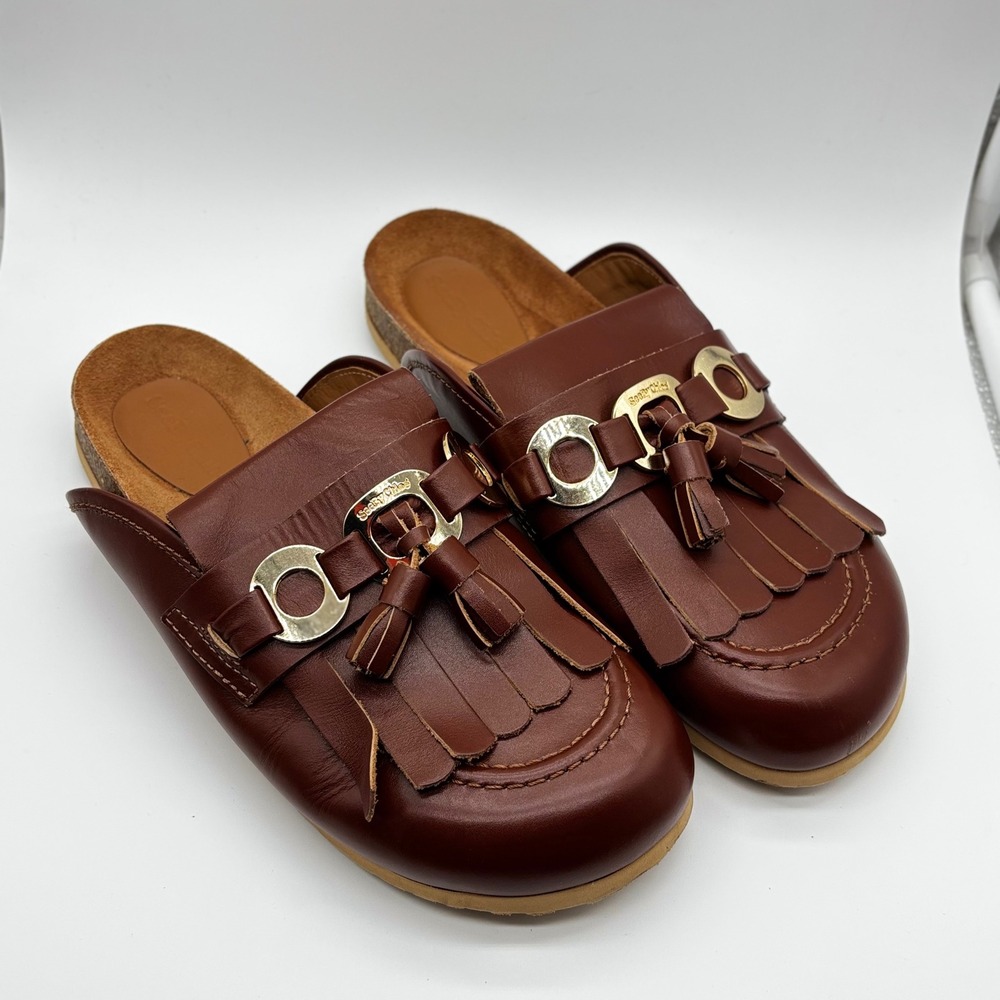 See by Chloe Brown Leather Fringe Mule Estimated Size 7.5 Boho Western READ